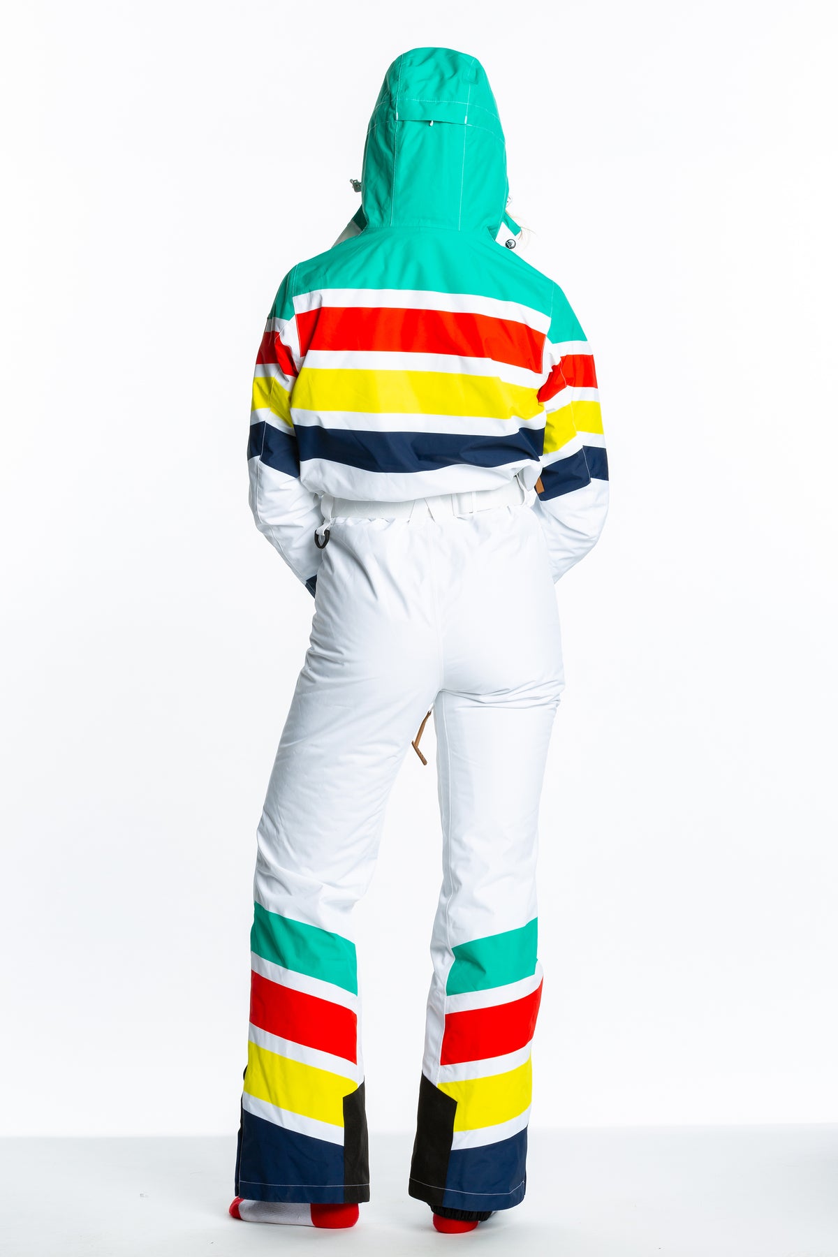 The Mogul Maniac | White Retro Striped Women's One Piece Ski Suit - Shinesty