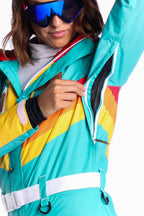 The Side Country Sender | Turquoise Striped Retro Women's One Piece Ski Suit - Shinesty