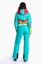 The Side Country Sender | Turquoise Striped Retro Women's One Piece Ski Suit - Shinesty