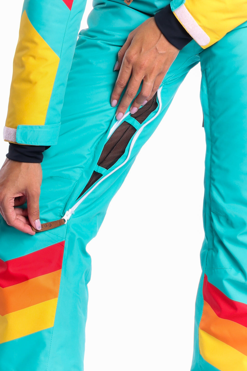 The Side Country Sender | Turquoise Striped Retro Women's One Piece Ski Suit - Shinesty