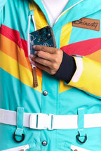 The Side Country Sender | Turquoise Striped Retro Women's One Piece Ski Suit - Shinesty