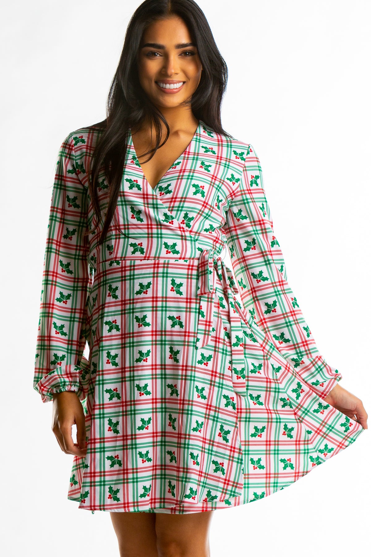 The Smooches | Mistletoe Plaid Christmas Wrap Dress - Shinesty